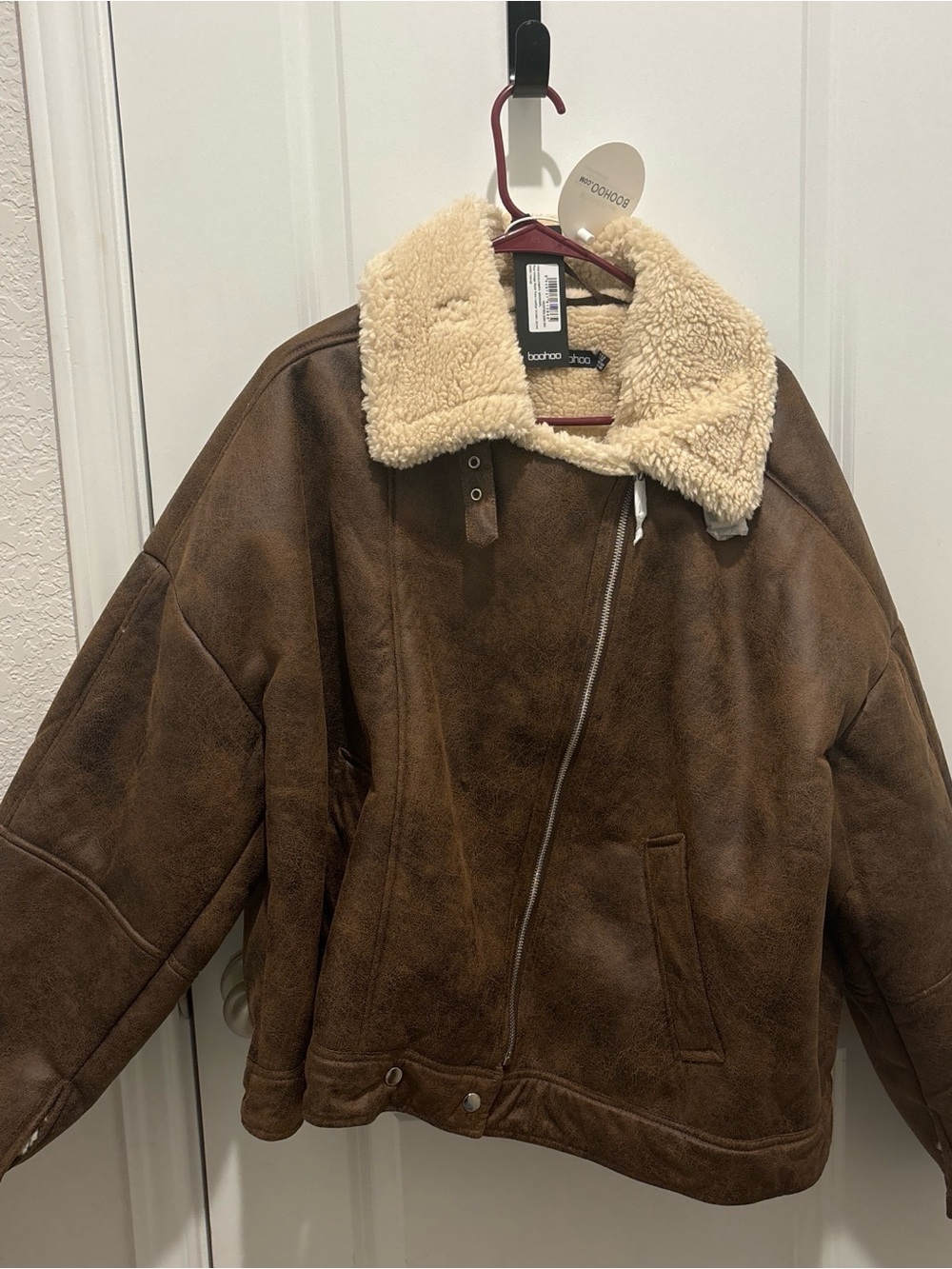 Boohoo Brown Faux-Suede Bomber Jacket with Cream Sherpa Collar